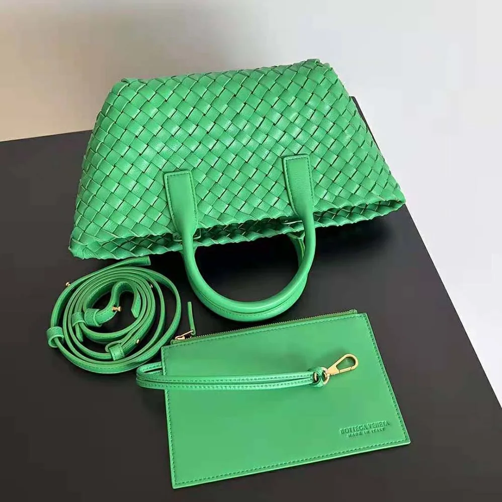 Bottega Veneta Mini Cabat Intreccio Leather Tote Bag with Detachable Strap for Women in Green Bottega Veneta Mini Cabat Intreccio Leather Tote Bag with Detachable Strap for Women in Green