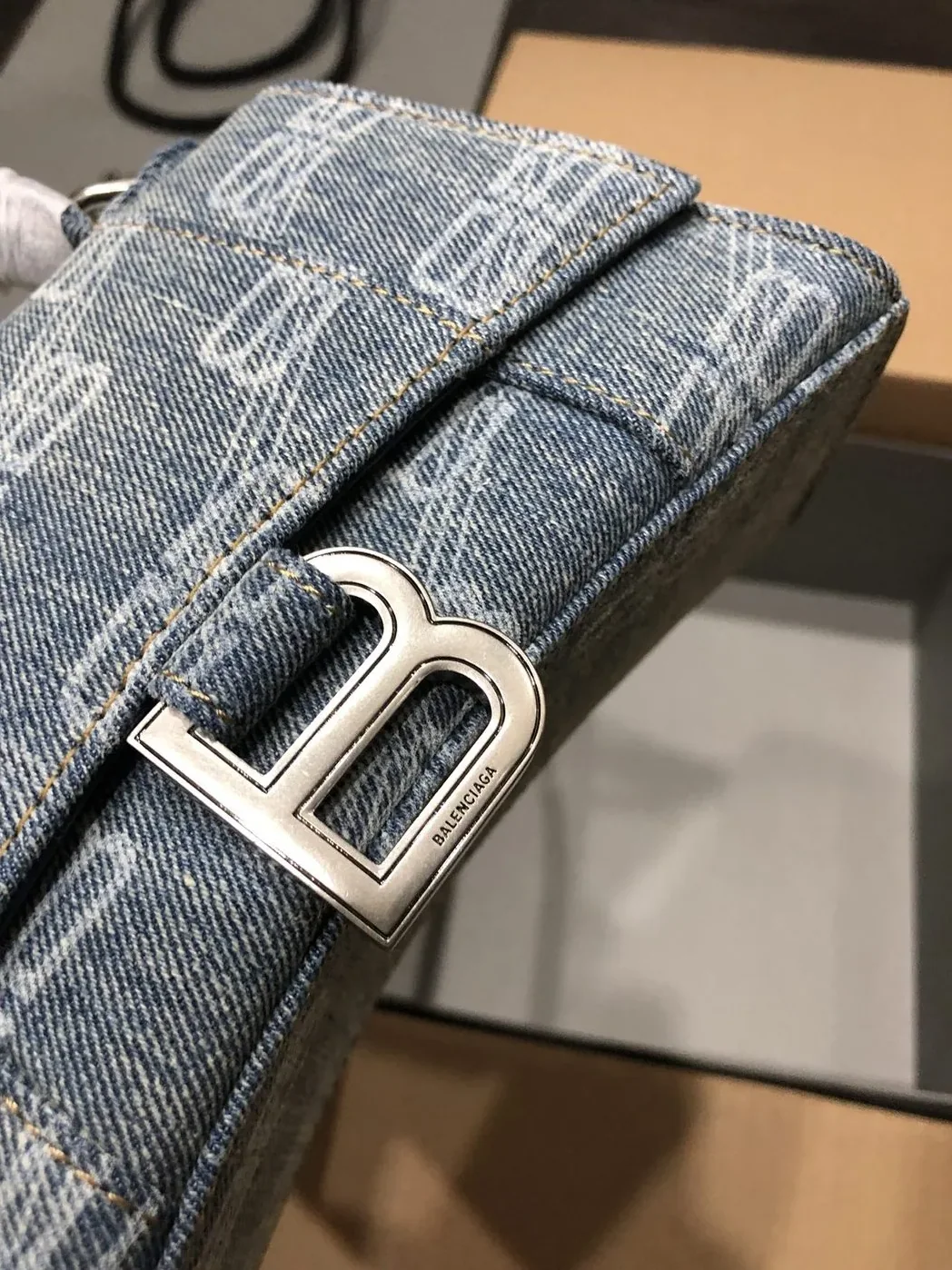 Balenciaga Hourglass XS Handbag Bb Monogram Bleached Denim In Blue /