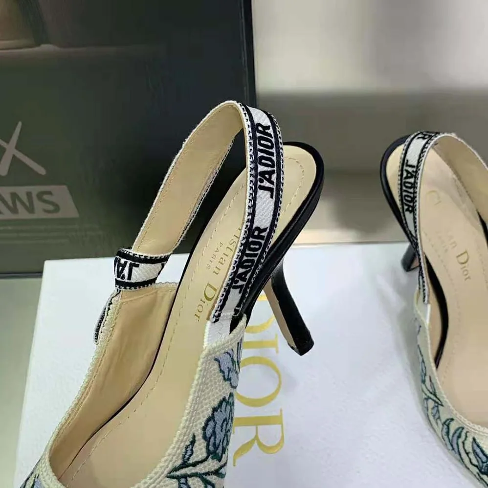 Dior J'Adior Slingback Pump Duck Blue Dior Brocart Embroidered Cotton with Gold for Women in Tone Metallic Thread