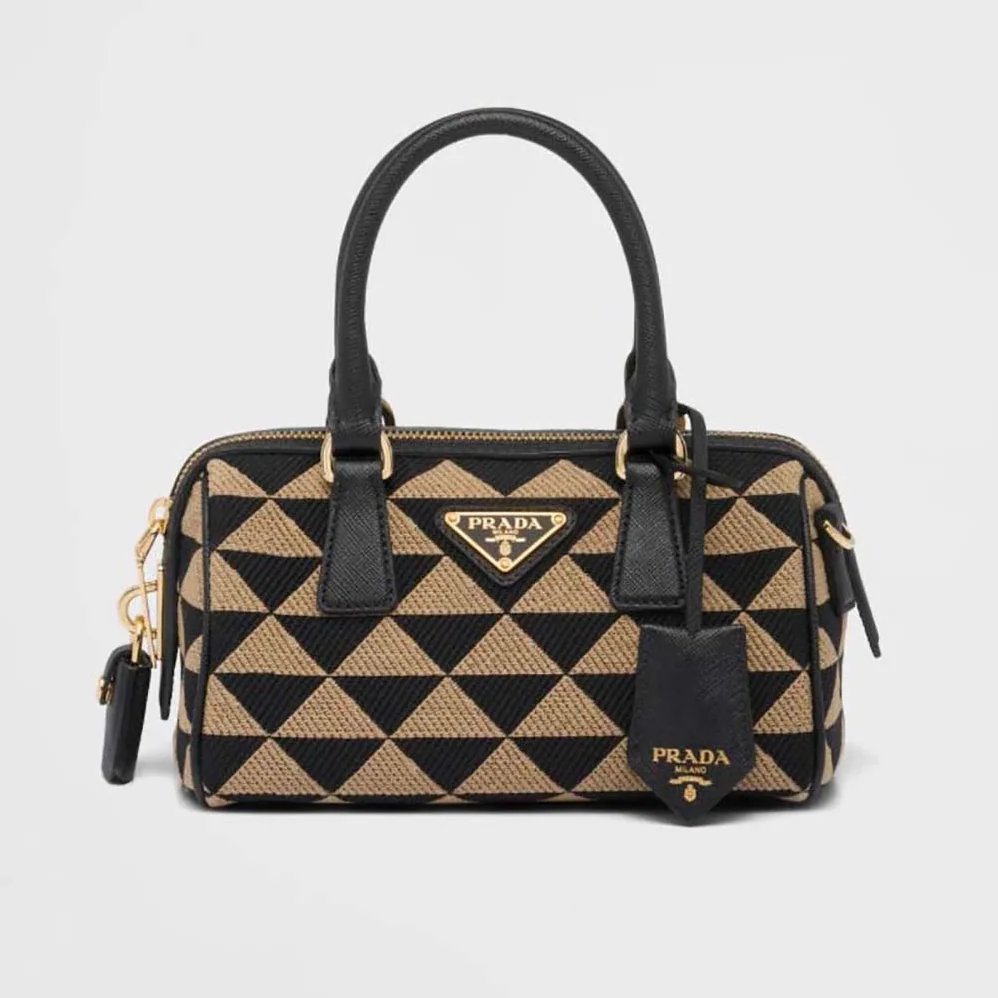 Prada Symbole Embroidered Jacquard Fabric Top-Handle Bag for Women in Black
