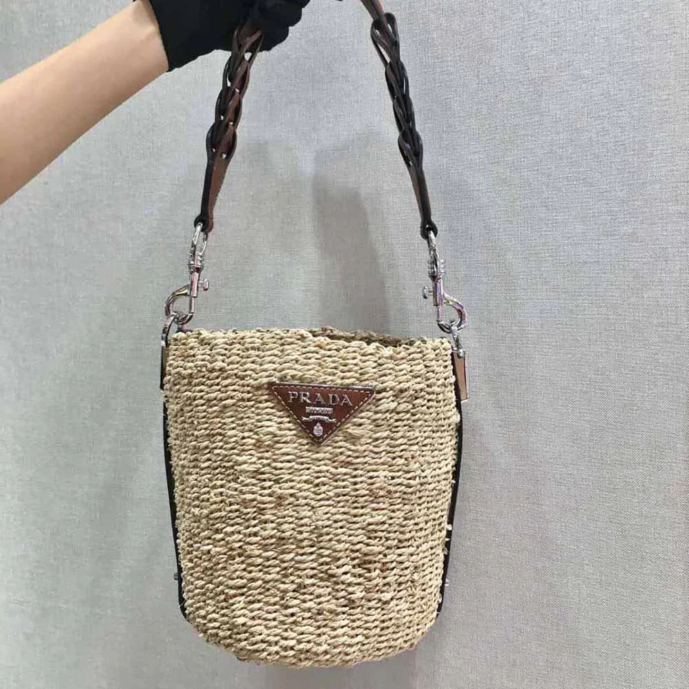 Prada Corn Husk and Leather Bucket Bag for Women