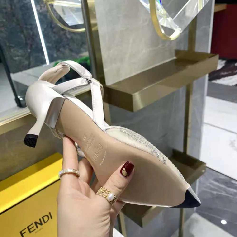 Fendi Colibri Pink Mesh High-Heeled Slingbacks with Rhinestone Embroidery for Women Fendi Colibri Pink Mesh High-Heeled Slingbacks with Rhinestone Embroidery for Women