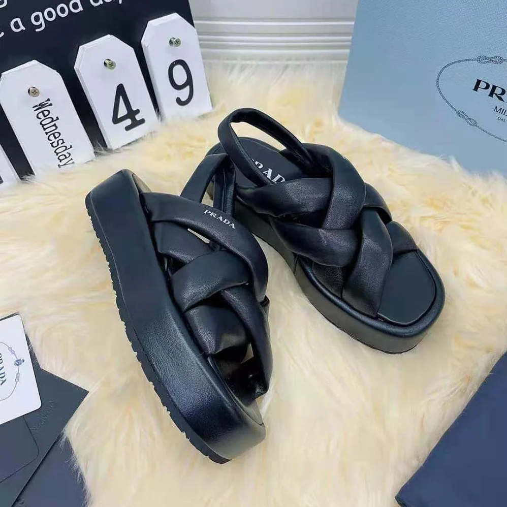 Prada Nappa Leather Flatform Sandals for Women in Black Prada Nappa Leather Flatform Sandals for Women in Black