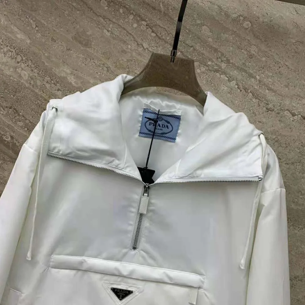 Prada Padded Duchesse Jacket with Enameled Metal Triangle Logo for Women in White