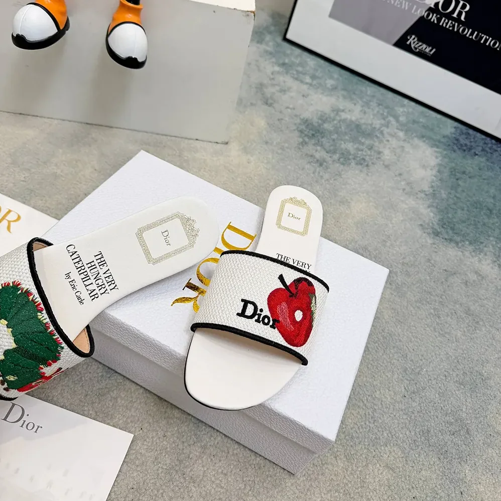 Dior Dway Slide White Embroidered Cotton and Multicolor Book Cover Motif for Women Dior Dway Slide White Embroidered Cotton and Multicolor Book Cover Motif for Women