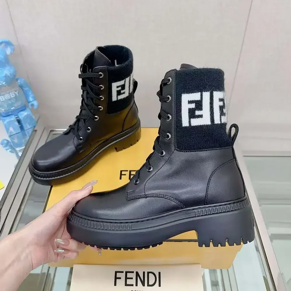 Fendi Rockoko Black Leather Biker Boots with FF Jacquard Motif for Women Fendi Rockoko Black Leather Biker Boots with FF Jacquard Motif for Women