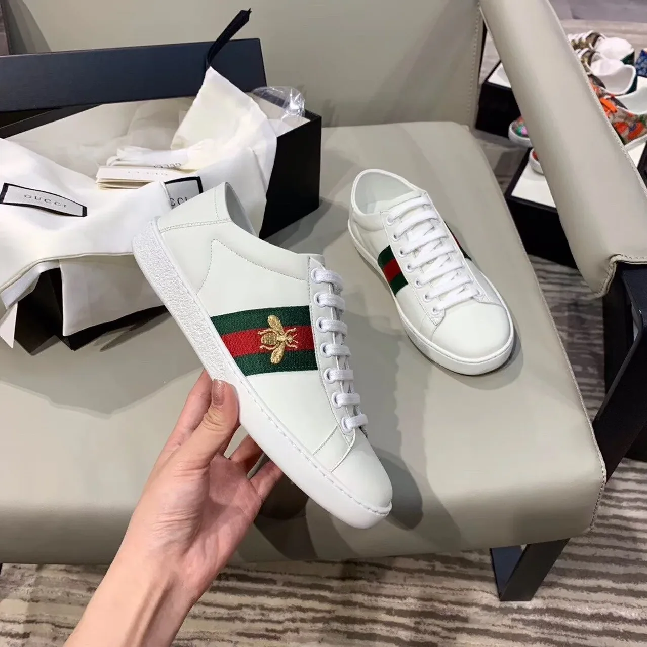 Gucci Ace Sneaker With Bee White GG for Women
