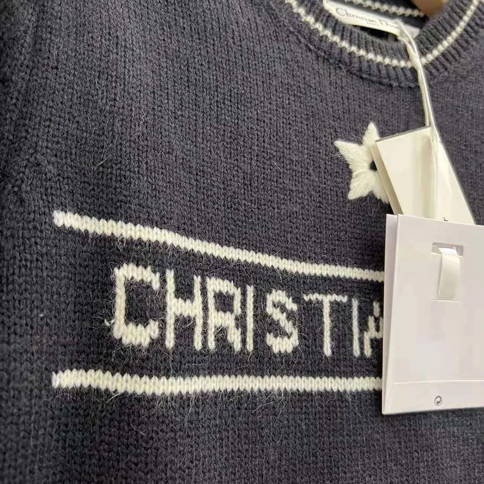 Dior Christian Dior Short-Sleeved Sweater Navy Blue Cashmere and Wool Knit for Women