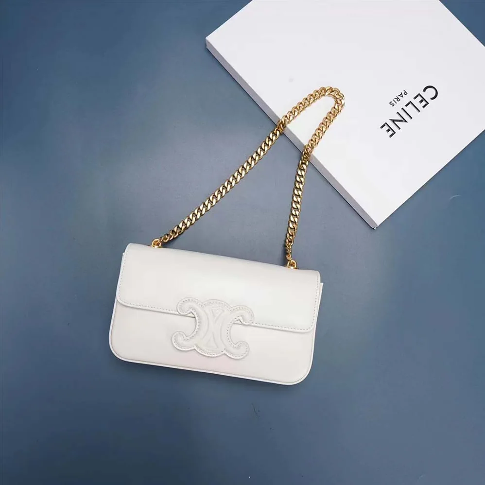 Celine Chain Shoulder Bag Cuir Triomphe in Shiny Calfskin for Women in White