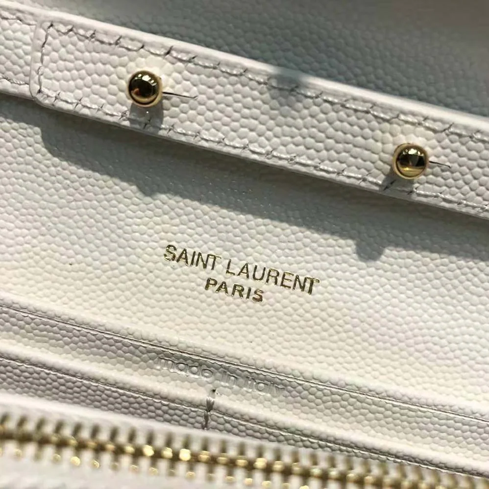Saint Laurent YSL Monogram Chain Wallet in Grain De Poudre Embossed Leather for Women in White