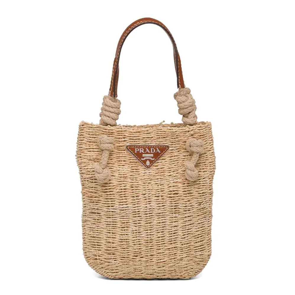 Prada Corn Husk and Leather Tote Handle Bag for Women Prada Corn Husk and Leather Tote Handle Bag for Women