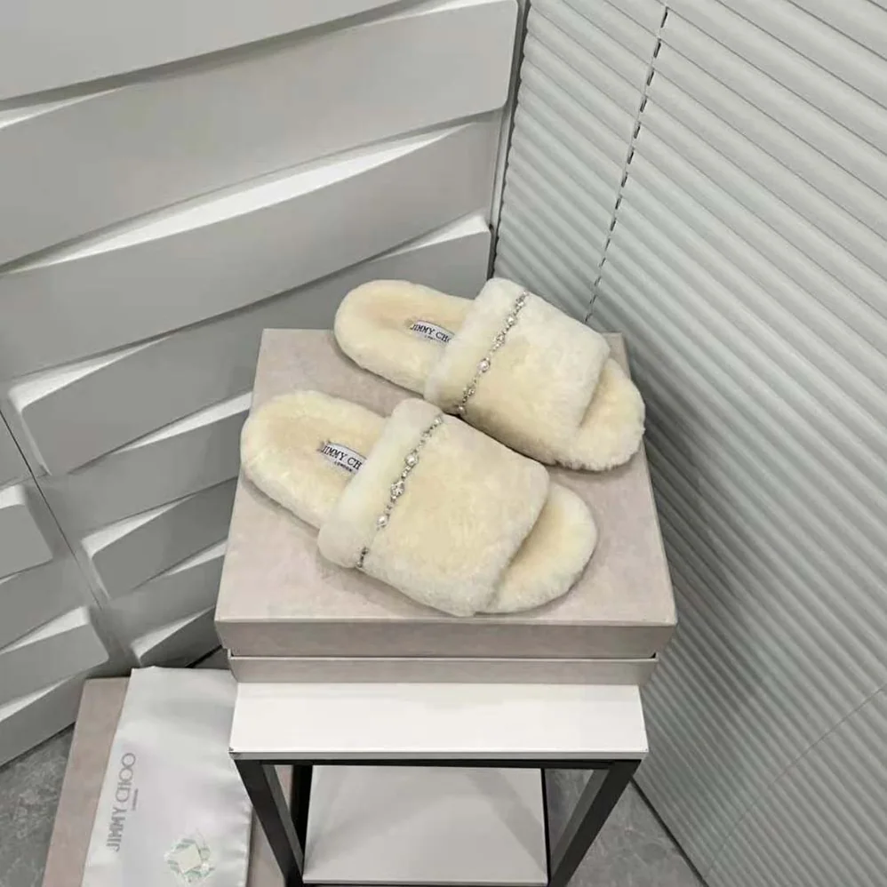Jimmy Choo Acinda Slipper Natural Shearling Slippers with Crystal and Pearl Detailing for Women