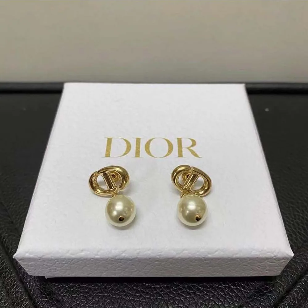 Dior CD Navy Earrings Gold-Finish Metal and White Resin Pearls for Women