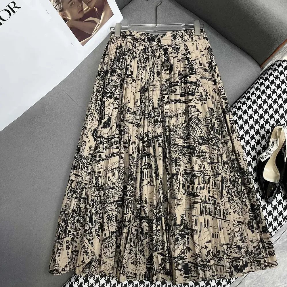 Dior Pleated Mid-Length Skirt Beige and Black Cotton Gabardine with Paris Allover Motif for Women