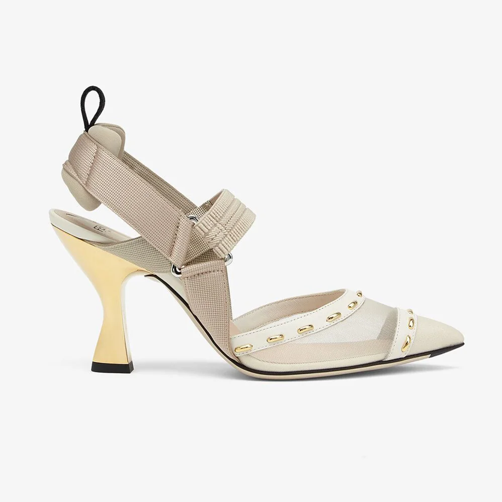 Fendi Colibri Pink Mesh High-Heel Slingbacks with Metal Stitches for Women Fendi Colibri Pink Mesh High-Heel Slingbacks with Metal Stitches for Women