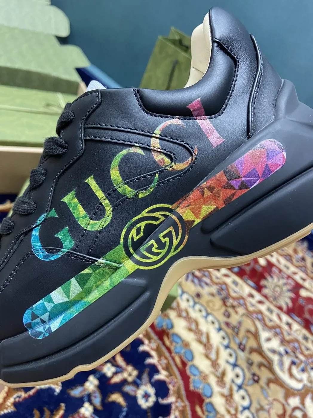 Gucci Rhyton Sneakers With Iridescent Logo Black for Men Gucci Rhyton Sneakers With Iridescent Logo Black for Men
