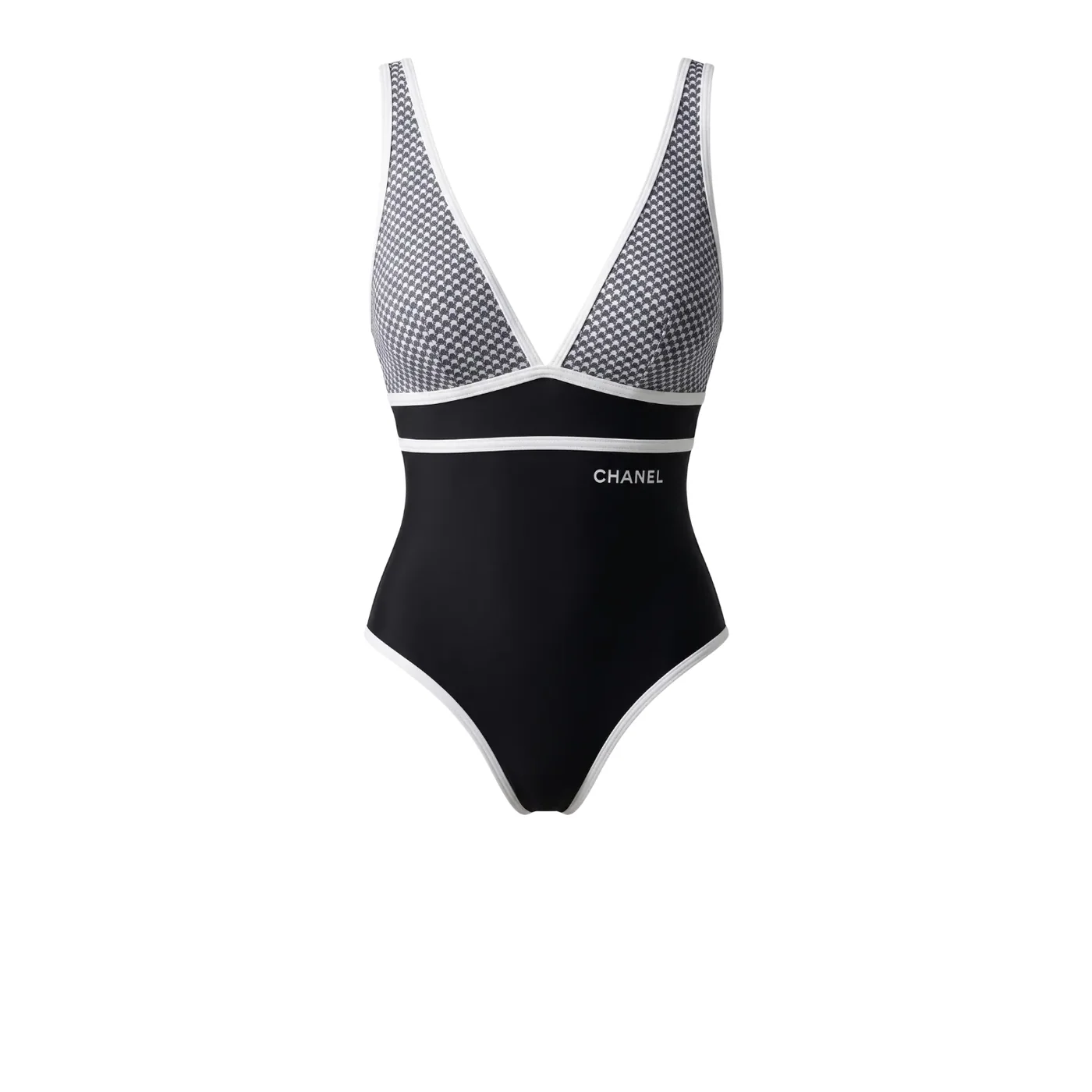Chanel V-Neck One in Piece Swimsuit Black/ White Chanel V-Neck One in Piece Swimsuit Black/ White
