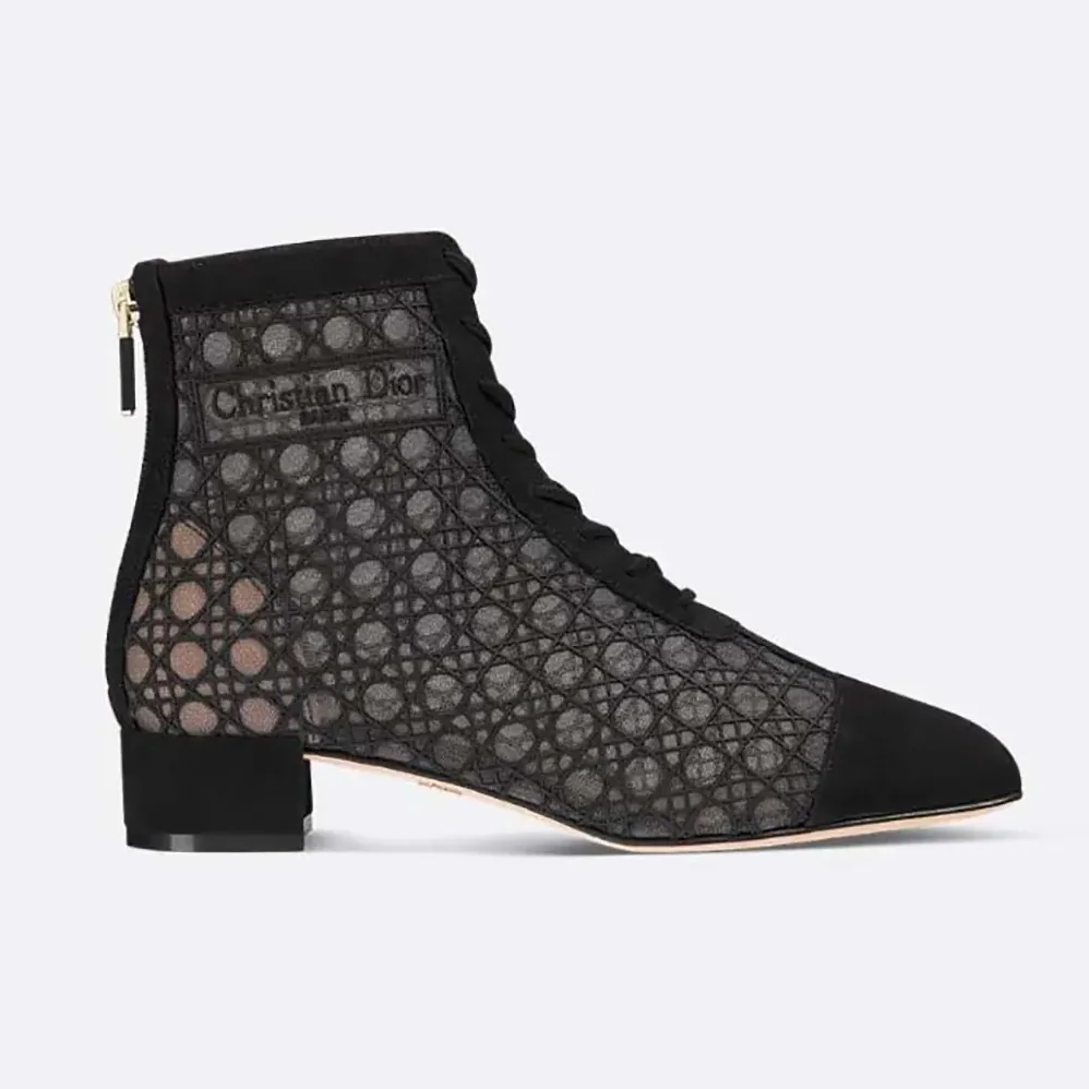 Dior Naughtily-D Heeled Ankle Boot Transparent Mesh Embroidered with Black Cannage Motif for Women Dior Naughtily-D Heeled Ankle Boot Transparent Mesh Embroidered with Black Cannage Motif for Women