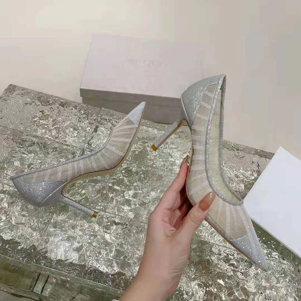 Jimmy Choo Love 100 Metallic Silver Glitter Fabric Pumps with Ivory Tulle Overlay for Women Jimmy Choo Love 100 Metallic Silver Glitter Fabric Pumps with Ivory Tulle Overlay for Women