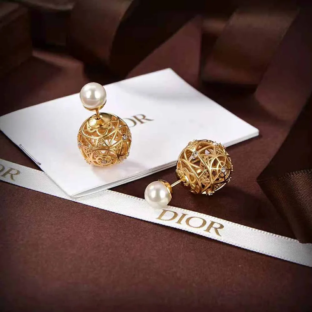 Dior Tribales Earrings Gold-Finish Metal with White Resin Pearls and Silver for Women in Tone Crystals