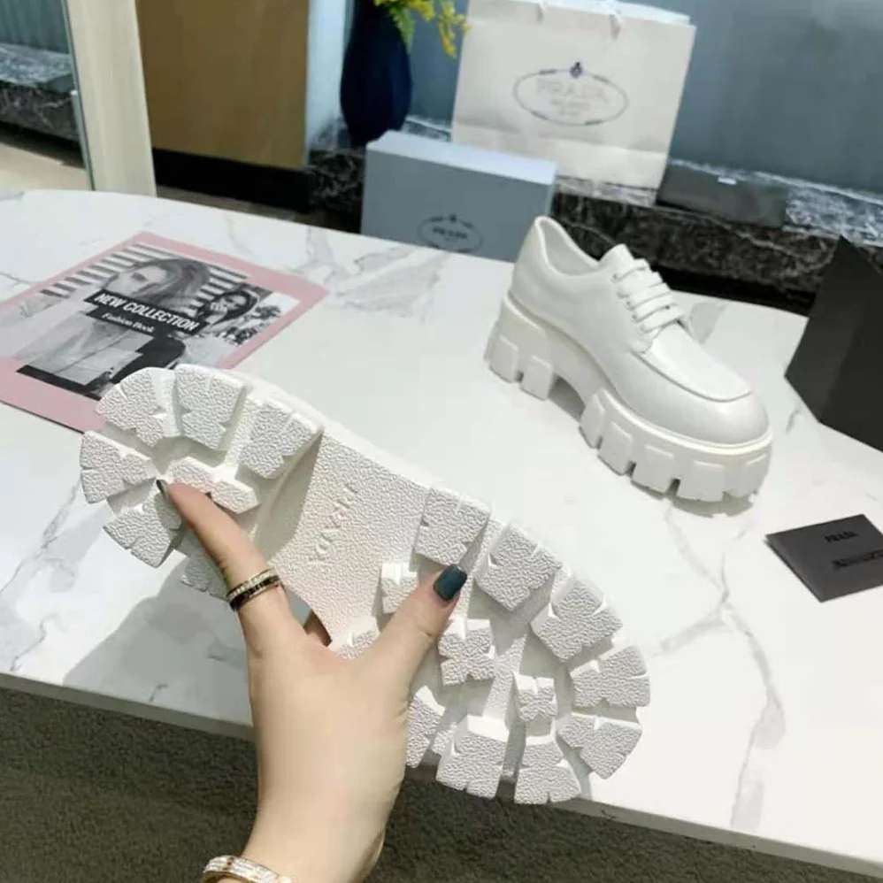 Prada Monolith Brushed Leather Lace-up Shoes for Women in White Prada Monolith Brushed Leather Lace-up Shoes for Women in White