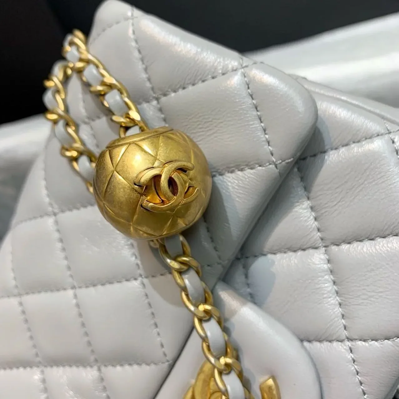 Chanel Classic Flap Bag With Charm Chain Mini Crossbody in Grey Gold Hardware