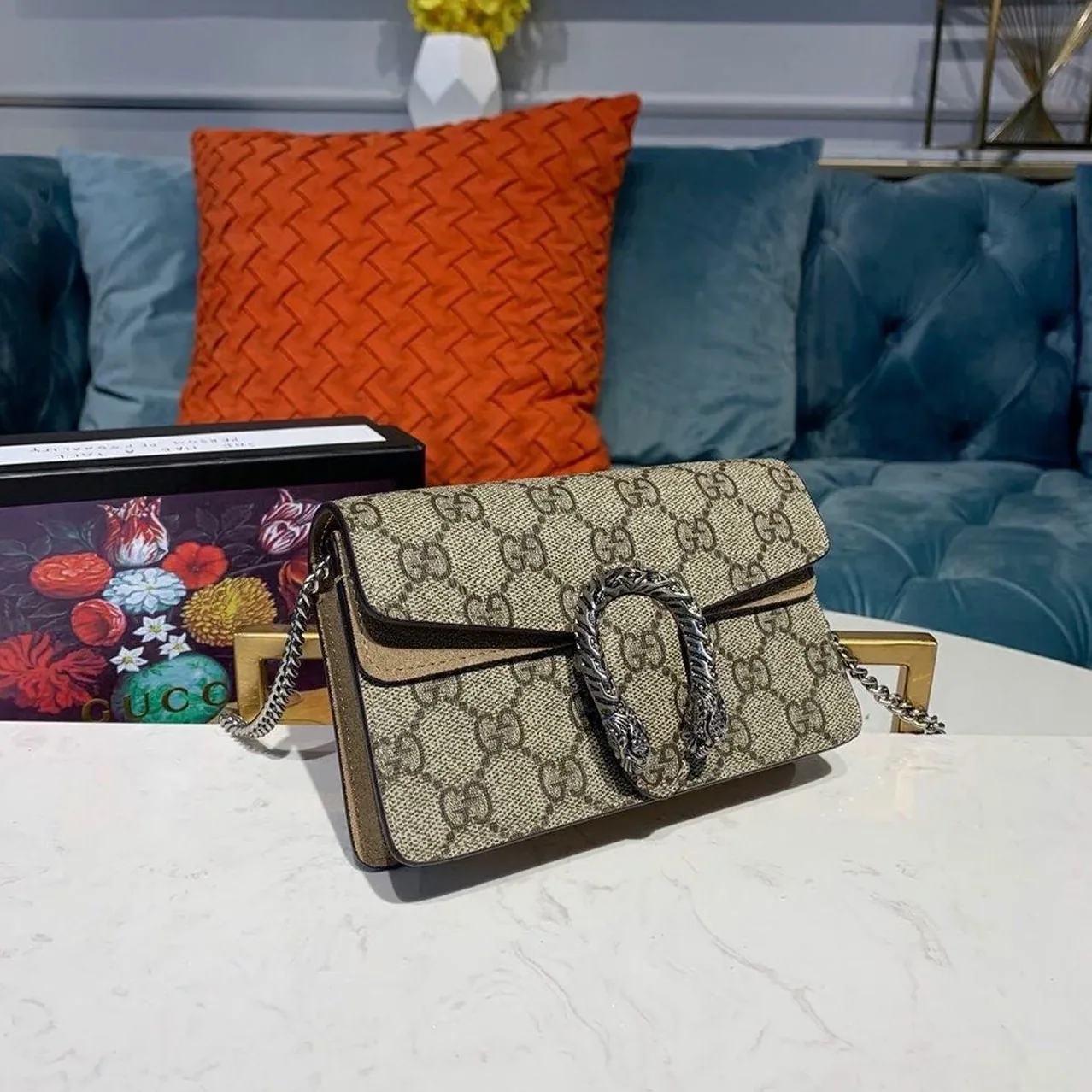 Gucci Dionysus Super Mini Shoulder Bag / Emerald GG Supreme Canvas Made Using An Earth-Conscious Process With Taupe Deta Gucci Dionysus Super Mini Shoulder Bag / Emerald GG Supreme Canvas Made Using An Earth-Conscious Process With Taupe Deta