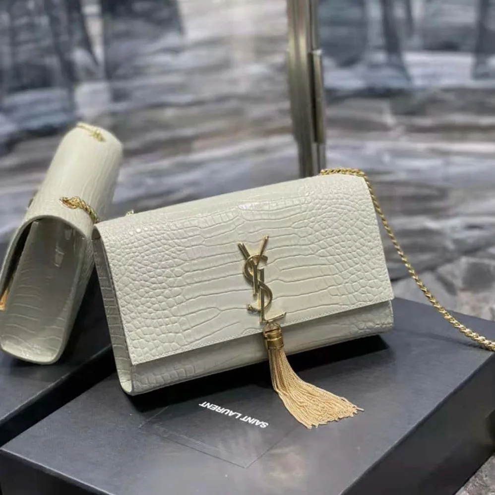 Saint Laurent YSL Kate Medium with Tassel in Crocodile-Embossed Shiny Leather for Women in White Saint Laurent YSL Kate Medium with Tassel in Crocodile-Embossed Shiny Leather for Women in White