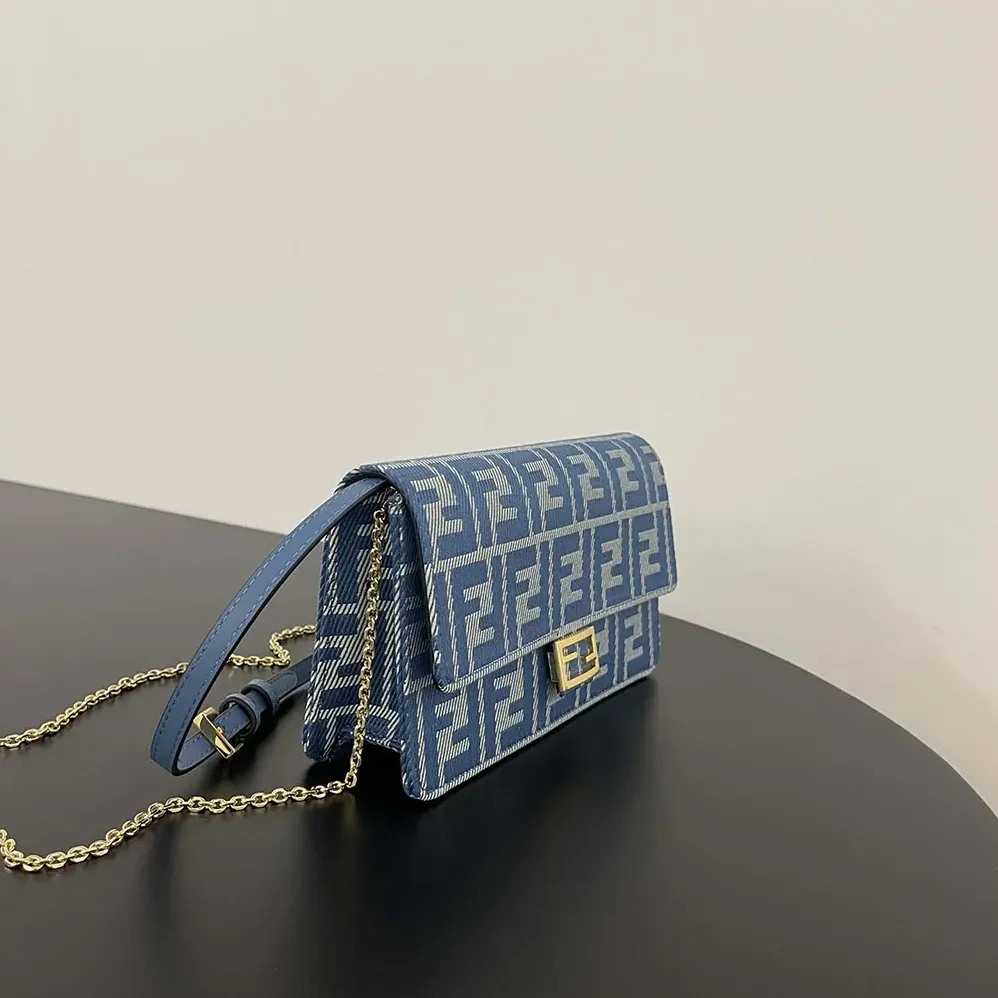 Fendi Wallet On Chain Baguette Blue Denim for Women in effect FF Jacquard Wallet