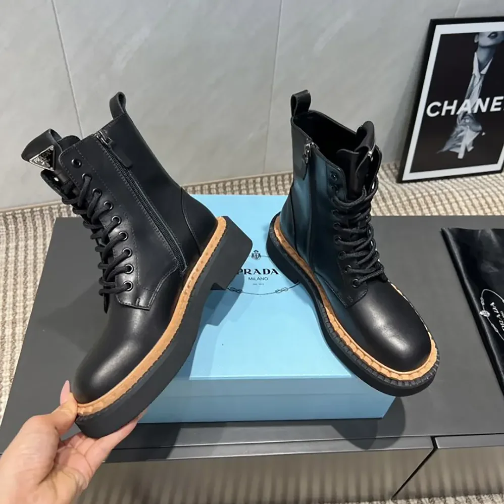 Prada Black Leather Lace-Up zip up Combat Boots for Unisex