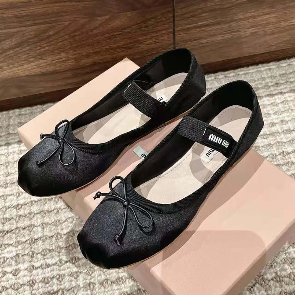 Miu Miu Satin Ballerinas with Knit Logo Label for Women in Black Miu Miu Satin Ballerinas with Knit Logo Label for Women in Black
