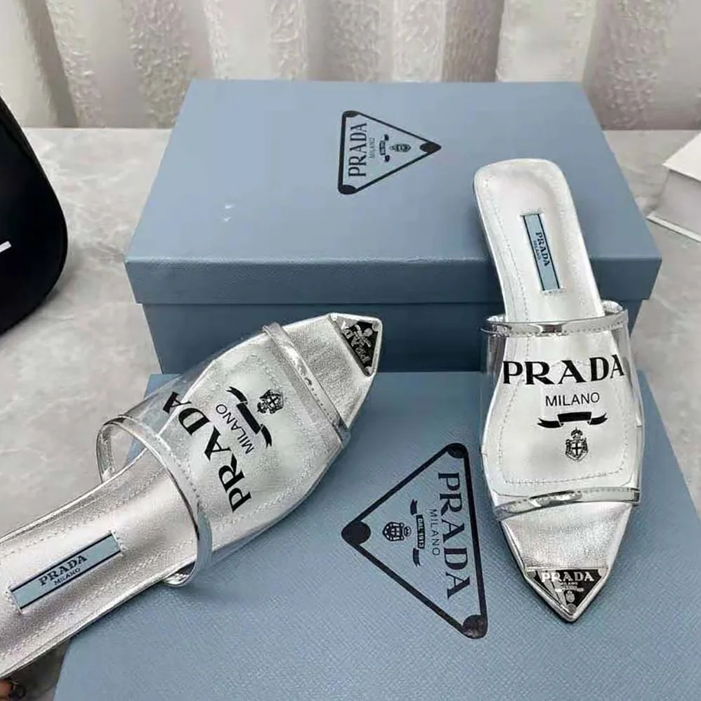Prada Logo-Print Plexiglas Slides for Women in Silver Prada Logo-Print Plexiglas Slides for Women in Silver