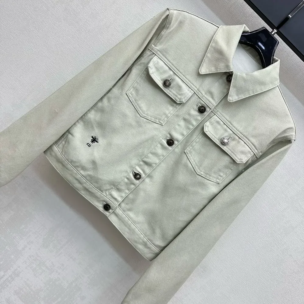 Dior Jacket Cotton Denim with Sage Green Dior Astral Flowers Motif for Women Dior Jacket Cotton Denim with Sage Green Dior Astral Flowers Motif for Women