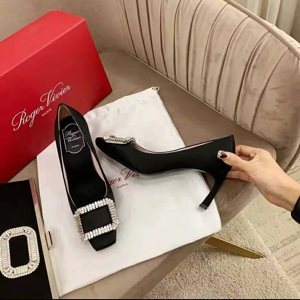 Roger Vivier Trompette Crystal Buckle Pumps in Satin for Women