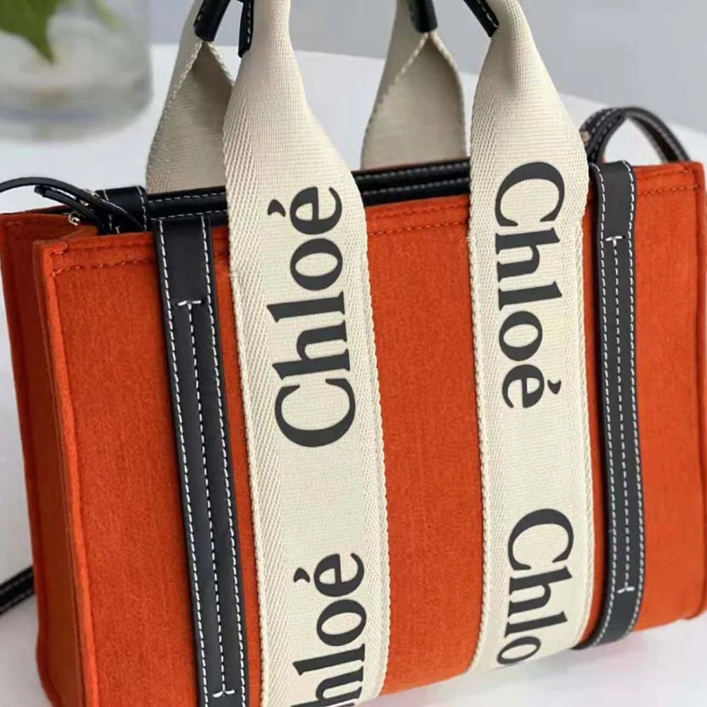 Chloe Small Woody Tote Bag with Strap in Recycled Felt and Shiny Calfskin for Women
