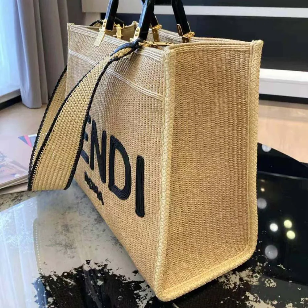 Fendi Sunshine Medium Embroidered Straw Shopper for Women