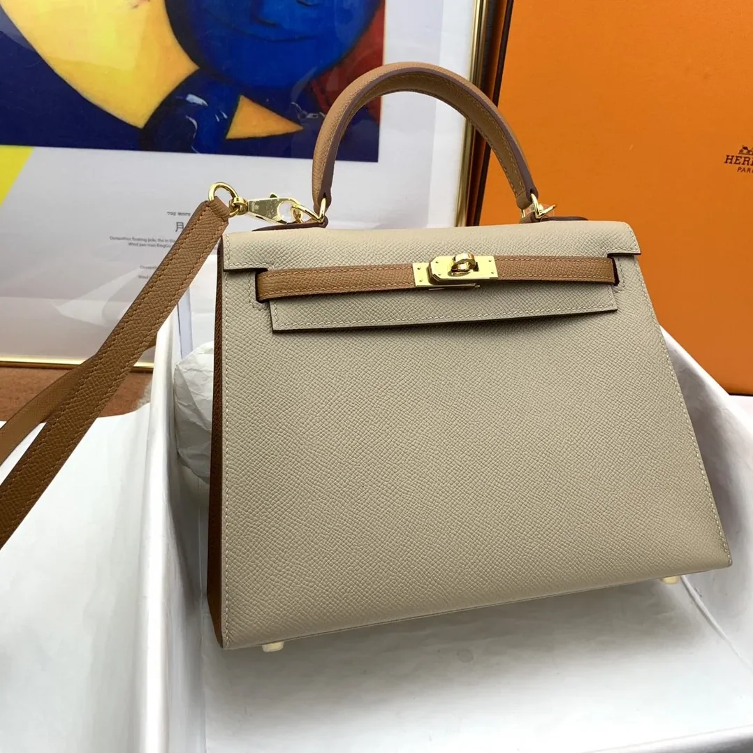 Hermes Kelly 25 Sellier Epsom Etoupe in Brown Bag
