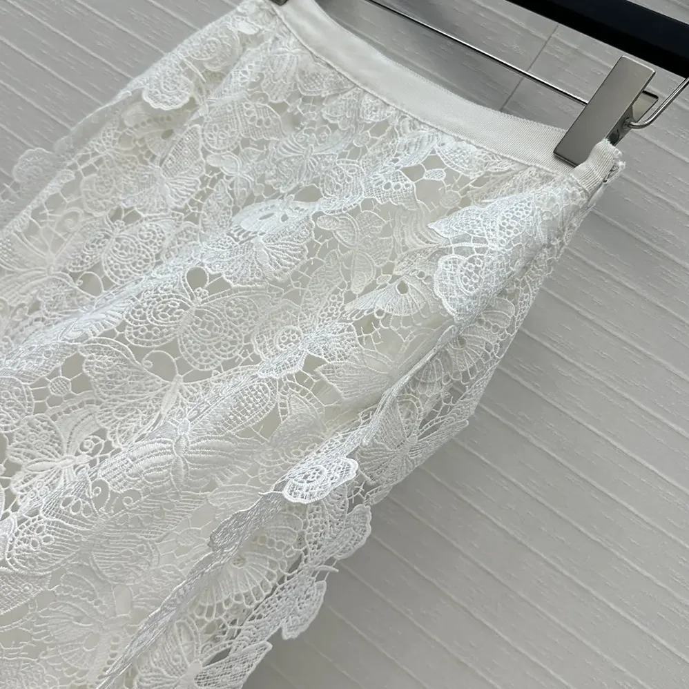 Dior Mid-Length Skirt Ecru Cotton-Blend Lace with Allover Butterfly Motif for Women
