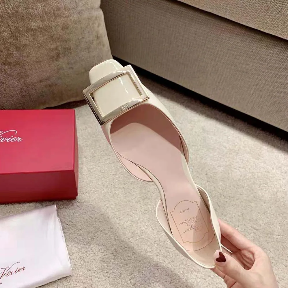 Roger Vivier Trompette Dorsay Metal Buckle Ballerinas in Patent Leather for Women in White