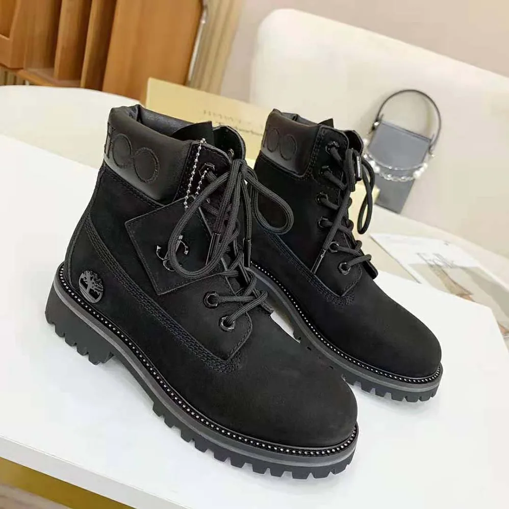 Jimmy Choo JC X Timberland/M Black Nubuck Leather Boots with Gunmetal Glitter for Women