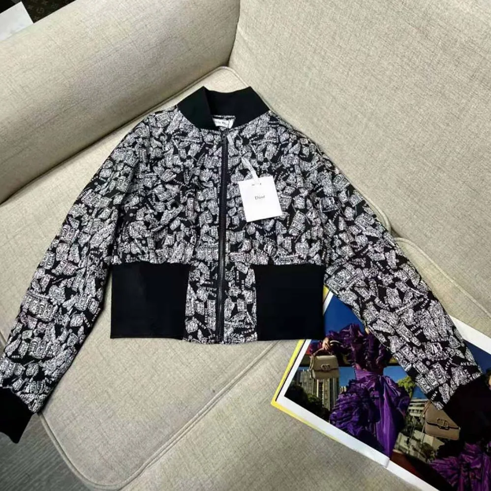 Dior Cropped Bomber Jacket Black and White Technical Taffeta Jacquard for Women