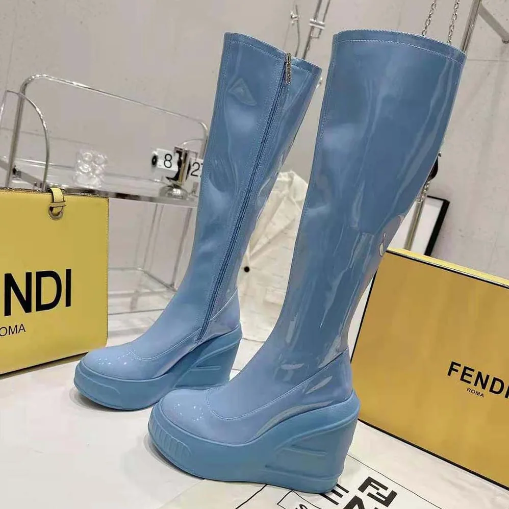 Fendi Fashion Show Blue Patent Leather Boots for Women