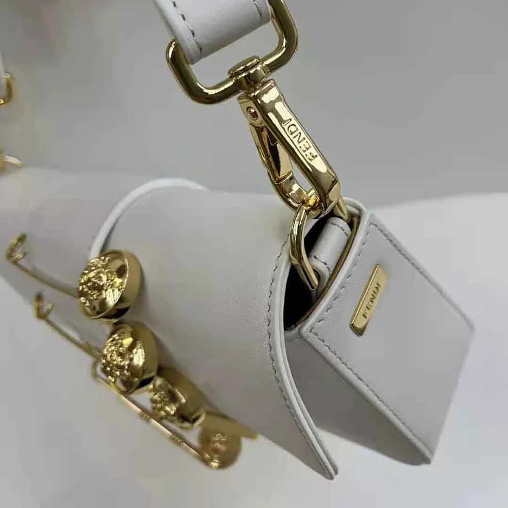 Fendi Brooch Mini Baguette Fendace White Leather Bag for Women Fendi Brooch Mini Baguette Fendace White Leather Bag for Women
