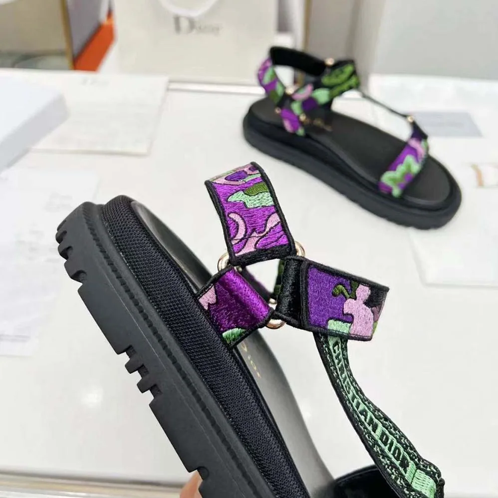 Dior D-Wave Sandal Black Multicolor Embroidered Cotton for Women