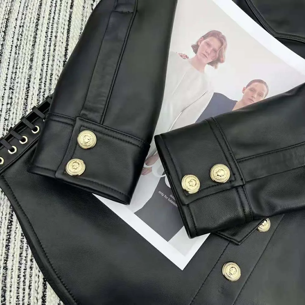 Balmain Leather Overshirt with Lace for Women in up Details