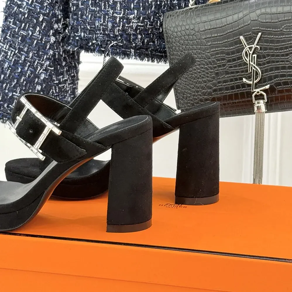 Hermes Bossa Sandal in Velvet Featuring a Hapi Buckle for Women in Black Hermes Bossa Sandal in Velvet Featuring a Hapi Buckle for Women in Black