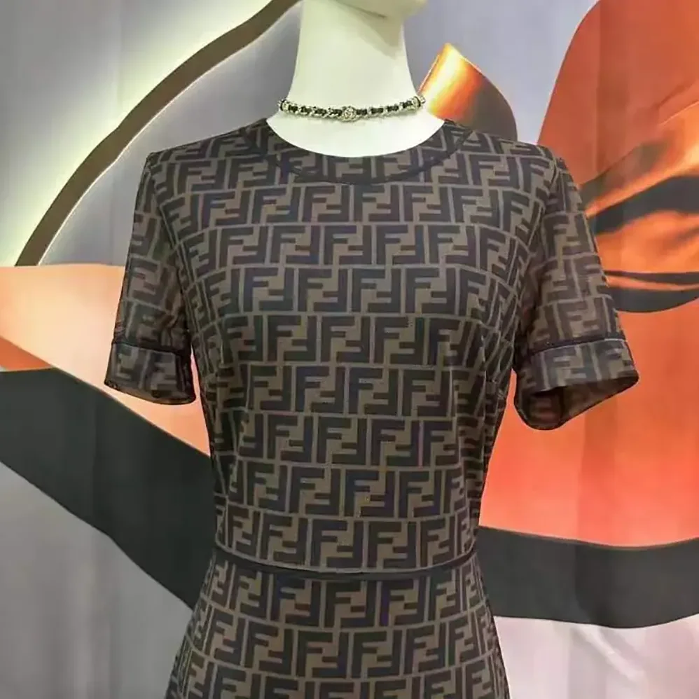 Fendi Brown Micro Mesh Dress with Pared for Women in Down Silhouette