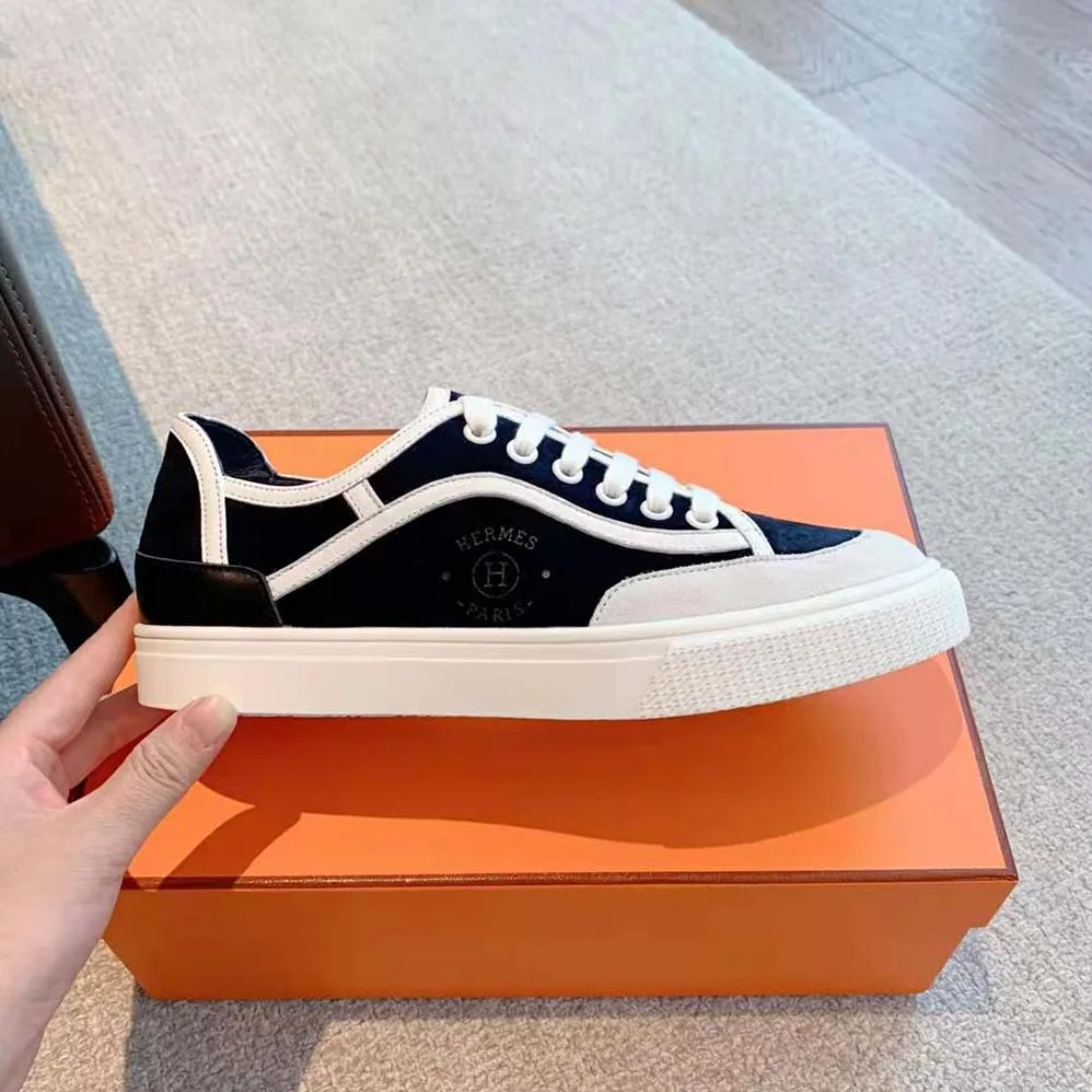 Hermes Get Sneaker in Suede Goatskin and Calfskin with Signature “Hermès Paris” Stencil for Unisex in Black