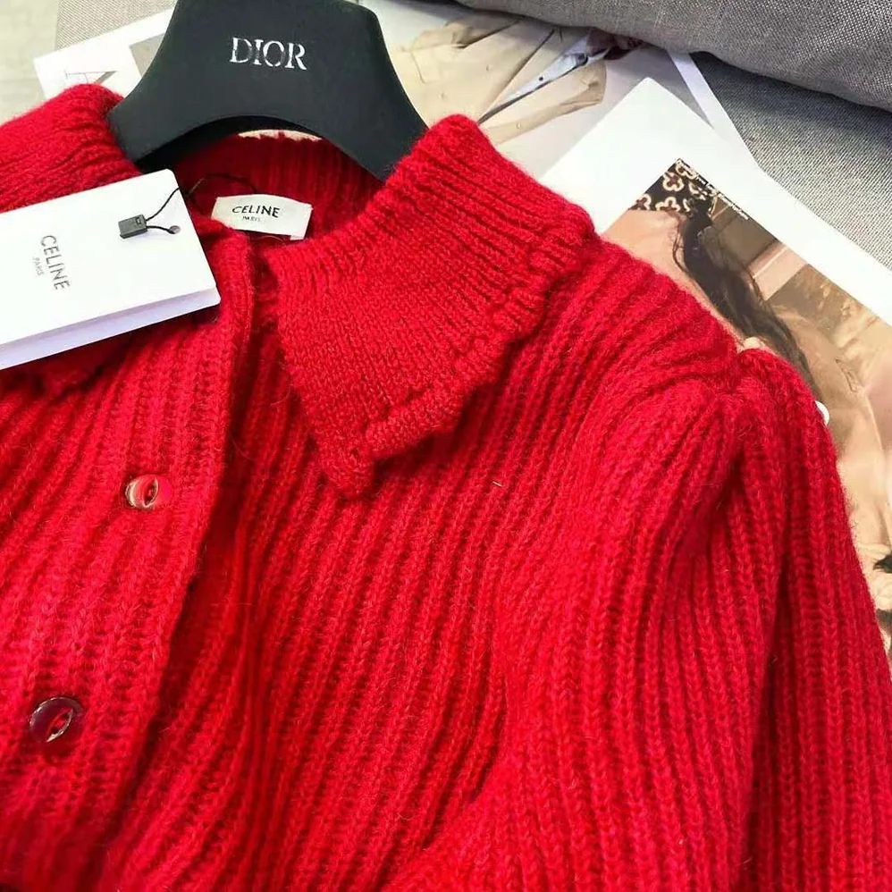 Celine Frilled Collar Cardigan in Silk and Mohair for Women in Red