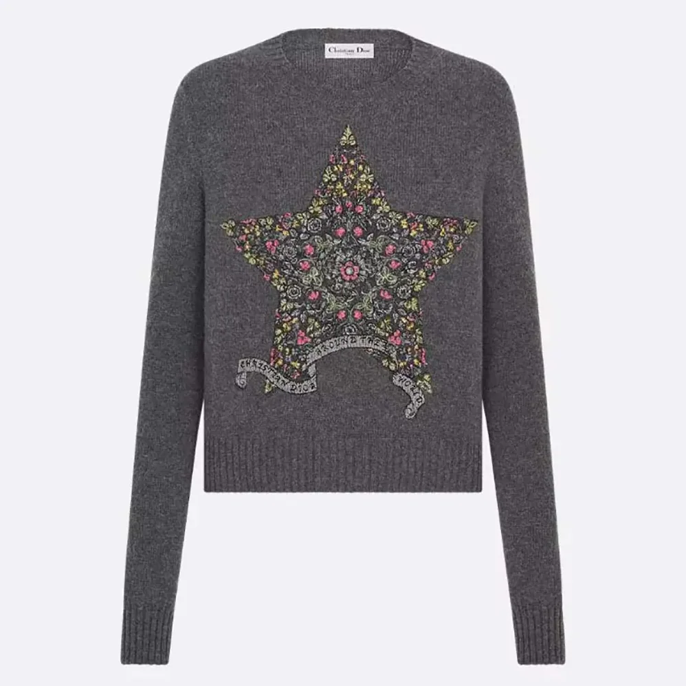 Dior Embroidered Sweater Gray Cashmere Knit for Women